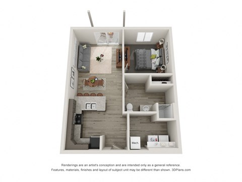 Floor plan for 1 bed, 1 bath, 683 sqft